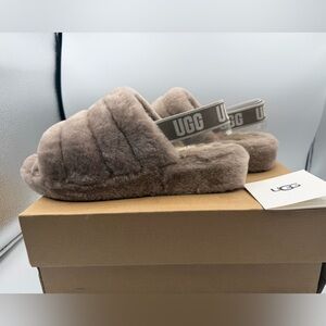 UGG Plush Beige Slippers with Branded Straps